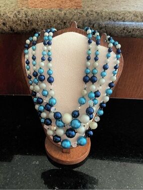 Vintage Multi-Strand Blue and White Pearly Beads and Crystals - Rhinestones